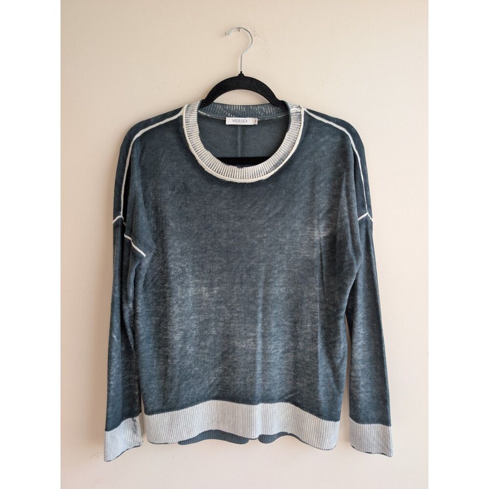 MERSEA Women SMALL Saltwash Cashmere Bamboo Sweater Heather Blue Cream Contrast